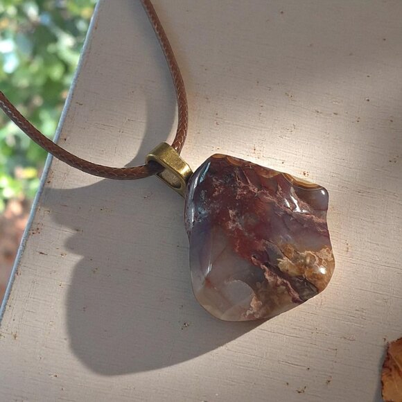 Rustic Agate Stone Pendant Necklace Adjustable Leather Cord Boho Beach Core - Picture 1 of 6
